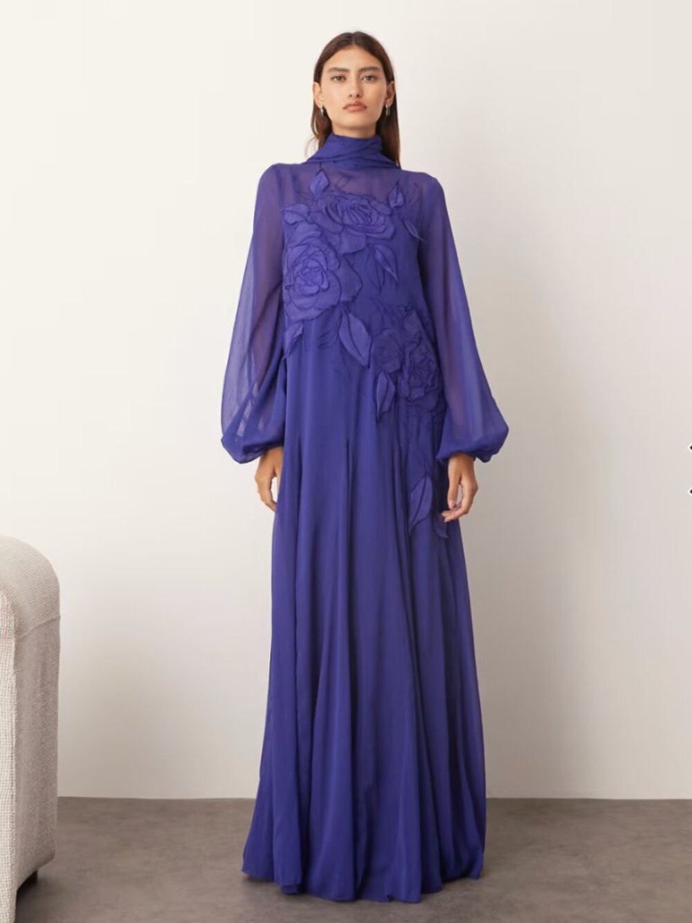 Arrange Appliqué Floral Tie Neck Blouson Sleeve Maxi Dress